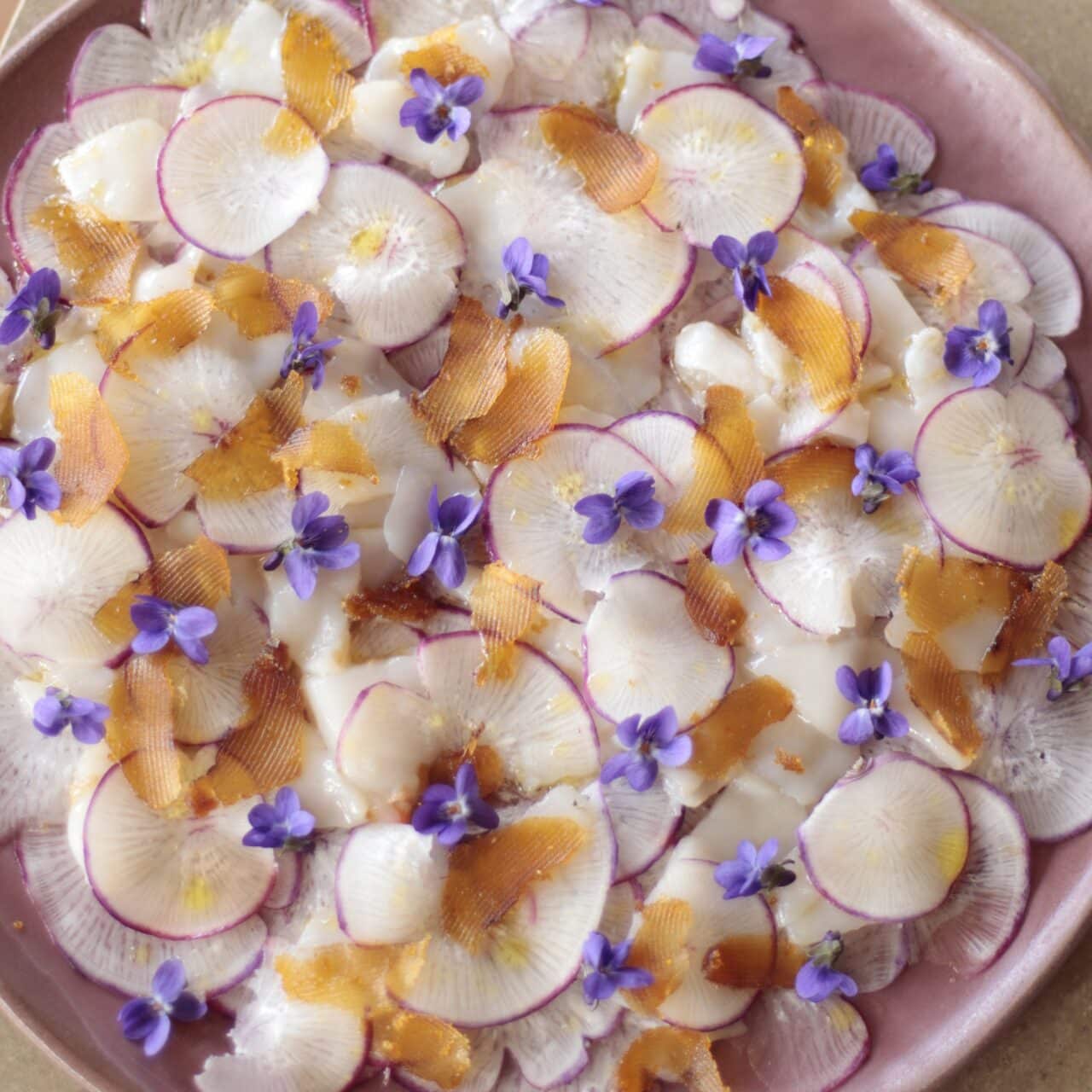 Crudo saint Jacques radis roses poutargue Alice Roca