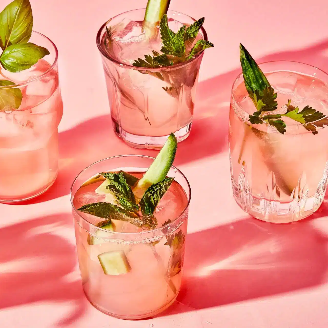 Sangria Rose, dans des verres avec des herbes comme basilic / menthe et des concombres