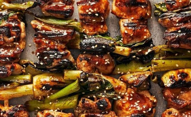 brochettes d'agneau avec de la tomate et oignon rouge sur une assiette blanche