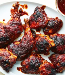 Poulet Barbecue servi dans un plat blanc avec la sauce barbecue sur le côté